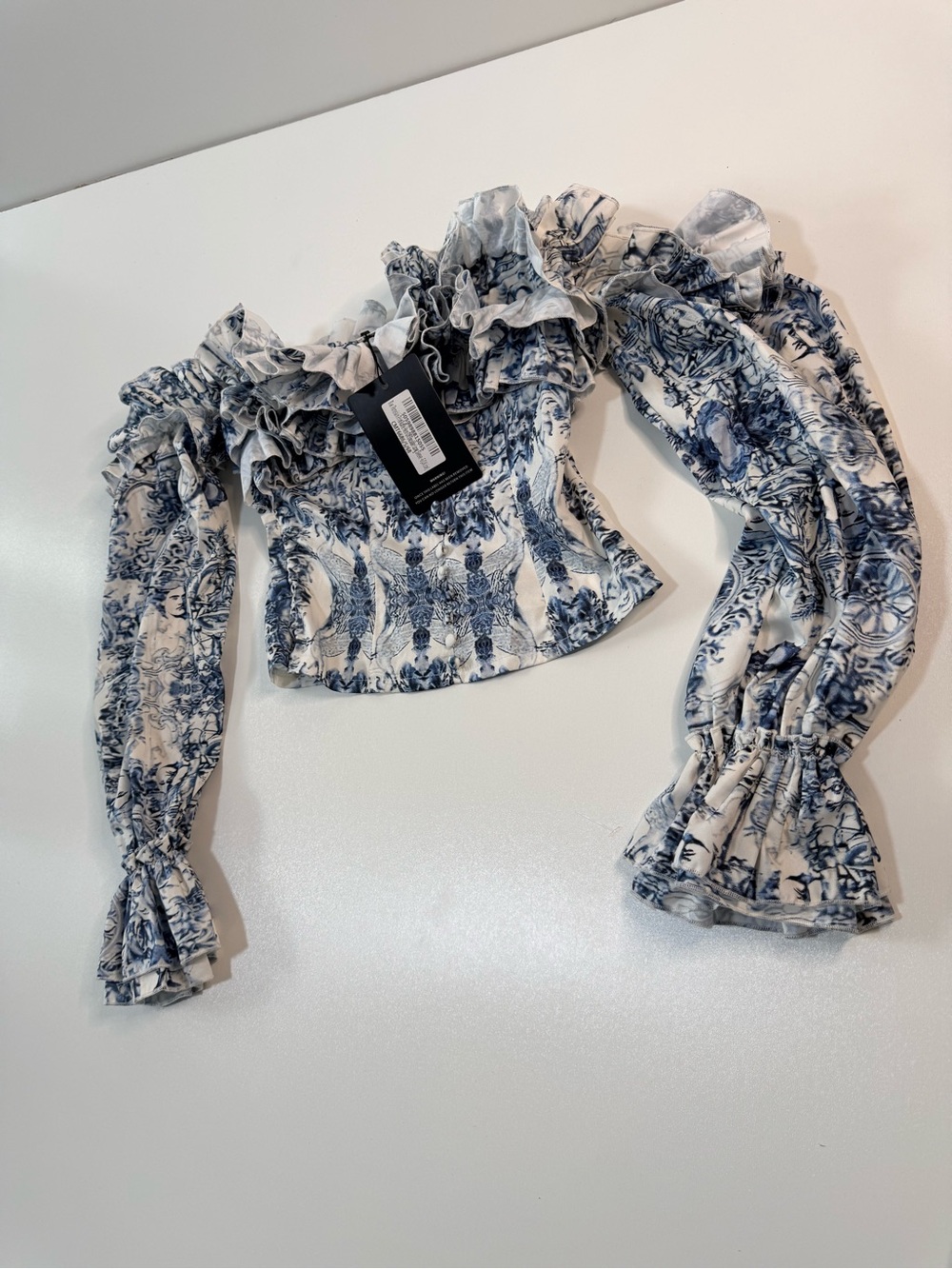 PrettyLittleThing White & Blue Ruffle Off-Shoulder Blouse